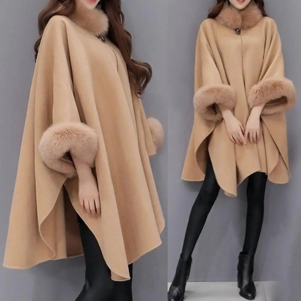 Ladies Cape Coat Solid Color Faux Fur Collar Autumn Winter Warm Loose Mid Length Poncho Jacket For Everyday Wear Bohemian Shawl 241105