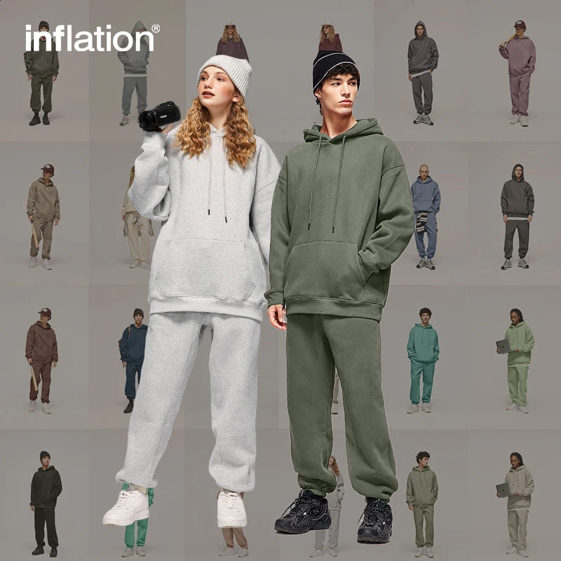 INFLATION Winter Thick Fleece Tracksuit Set Unisex Trendy Candy Color Jogging Suit Mens Matching Velvet Hoodies Set 241105