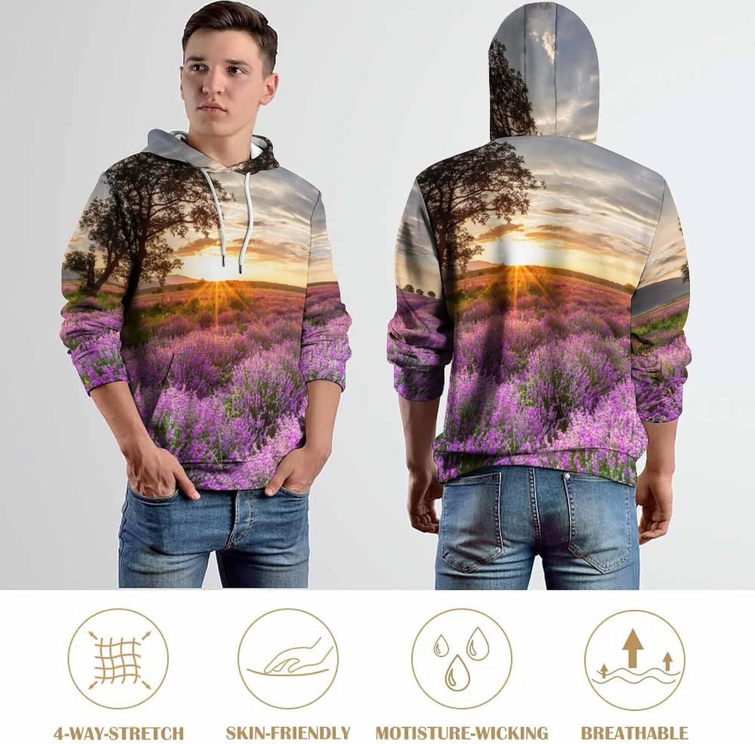 Hoodie for Mens Womens Vast Lavender Field at Sunrise Unisex Hoodies 3D Printed Pullover Hooded Sweatshirt Casual Tops Graphic fashion