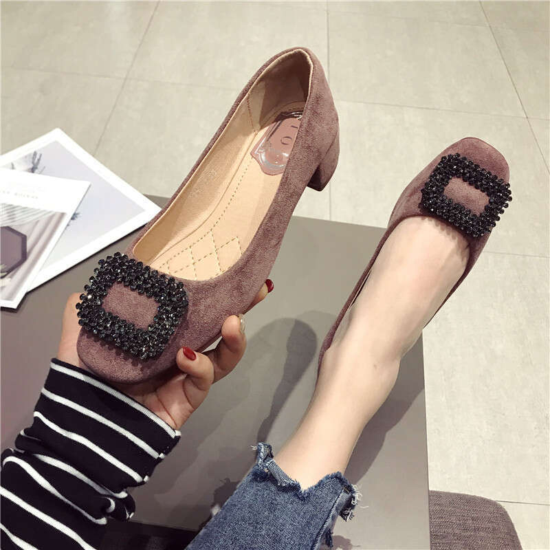 2023 Autumn New Versatile Water Diamond Suede Square Head Shallow Mouth Coarse Custom Scoop Low Middle Heel Women's Shoes