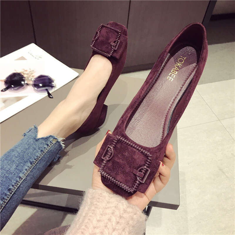 2023 Autumn New Versatile Square Buckle Shallow Mouth Coarse Custom For Women 3Cm Low Heel Women's Black Scoop Bean Shoes