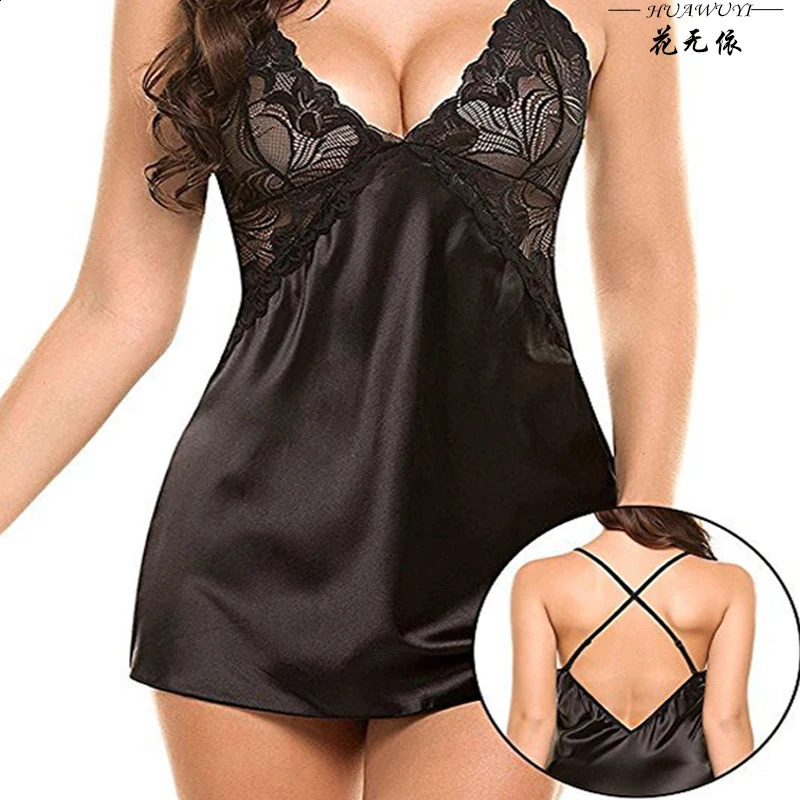 Sexy Crotchless White Underwear Women Lace Hollow Bra Set Erotic Costume Teddy Baby Doll Dress Deep V Open Porn Lingerie 241105