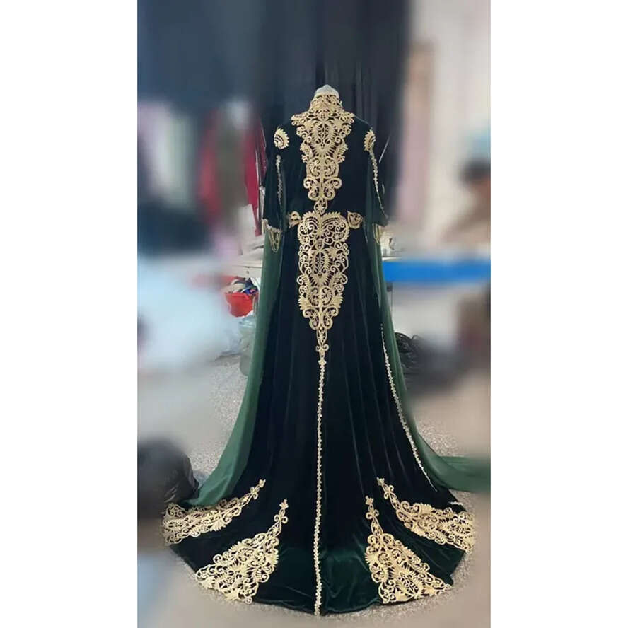 Blue Middle Navy East Evening Formal Dresses With Cape Long Sleeve Gold Applique Lace Marrocan Caftan Prom Ocn Dress