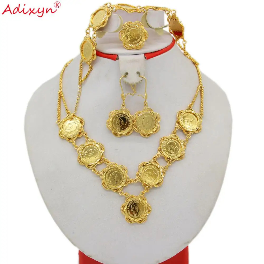 Adixyn Trendy Gold Coin Bracelet Necklace Earrings Ring Jewelry Set Female Bride Wedding Jewelry Gift N10093241105