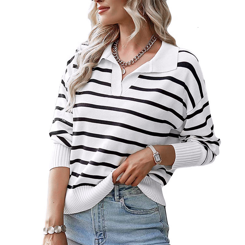 New Style Women's Casual Collar Striped Knitted Sweater Autumn Fashion Casual Loose Thick Harajuku Streetwear Knitwear