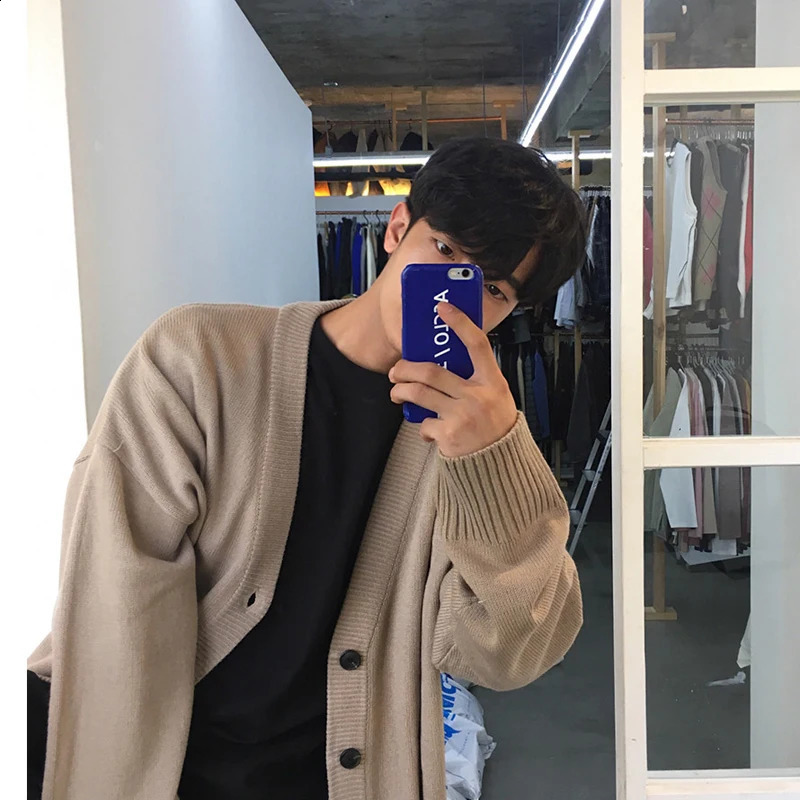 IEFB Mens Wear Knitted Sweater Loose V-neck Single-breasted Solid Color Knitted Cardigan Coat Autumn 9Y3266 241105