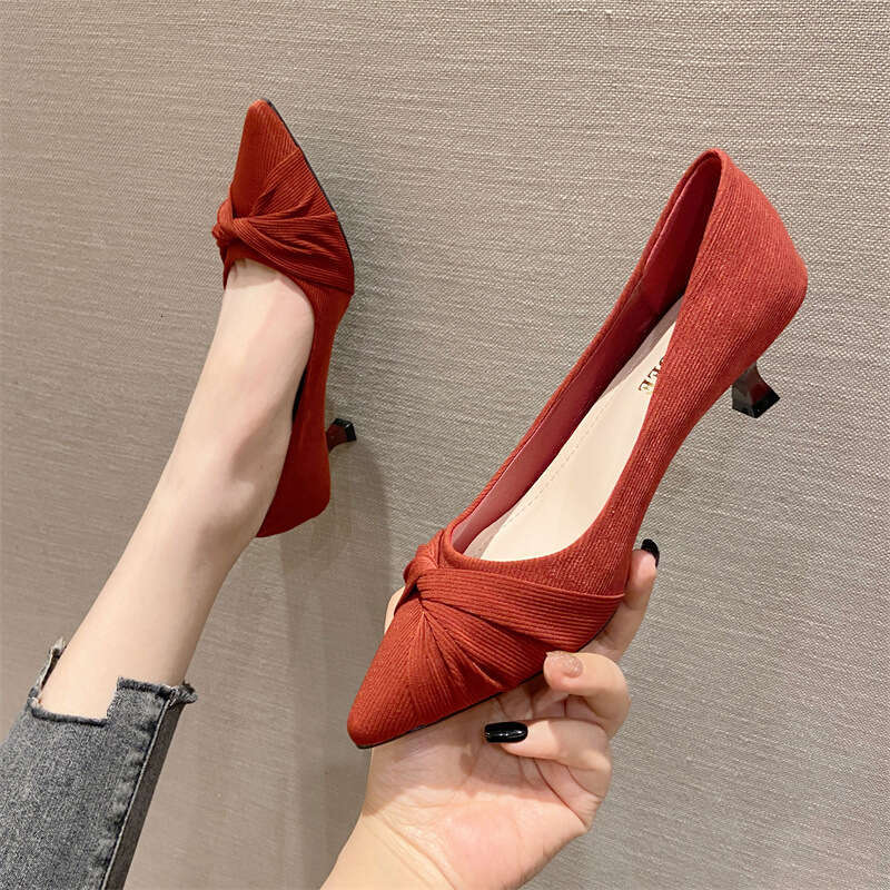 Korean Version 2023 New Fabric Shallow Mouth Pointed Toe Elegant And Versatile Thin Cat Heel Trendy Women's Single Shoes