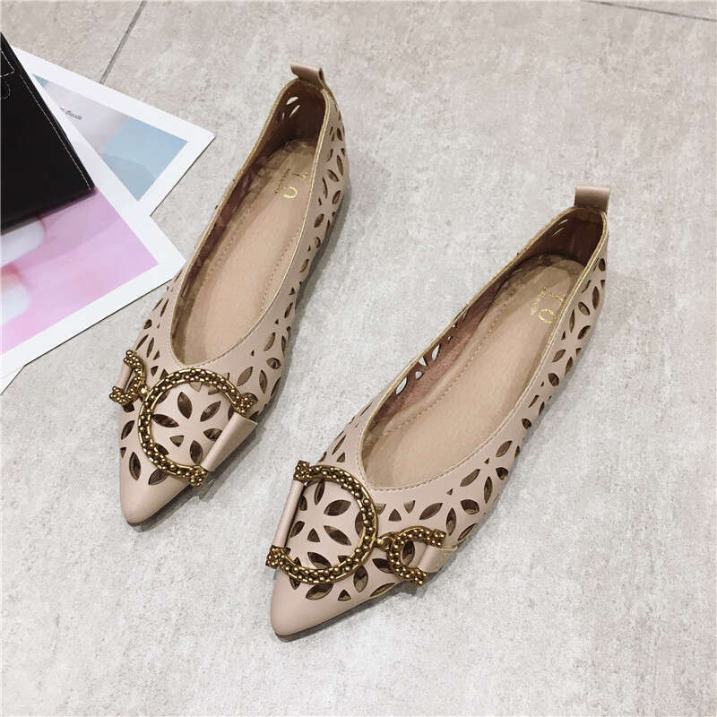 Korean Style Fashionable Versatile Metal Buckle Pointed Shallow Mouth Hollow Flat Bottom Single Order Grandma Breathable Scoop Shoes For Women