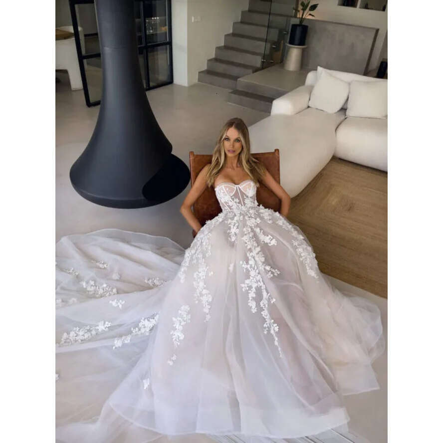 Boho Backless A E Dresses Bone Bodice Sweep Train D Appliques Tulle Wedding Bridal Gowns