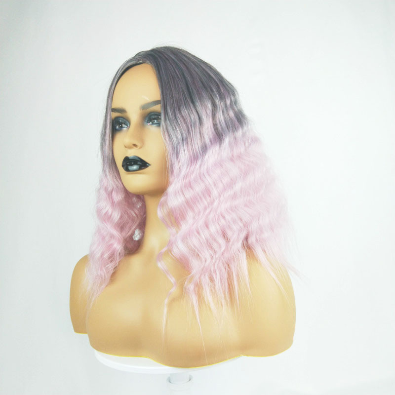 Hot selling wig for women black gradient pink shoulder length small curly hair high temperature wire mechanism full head cover