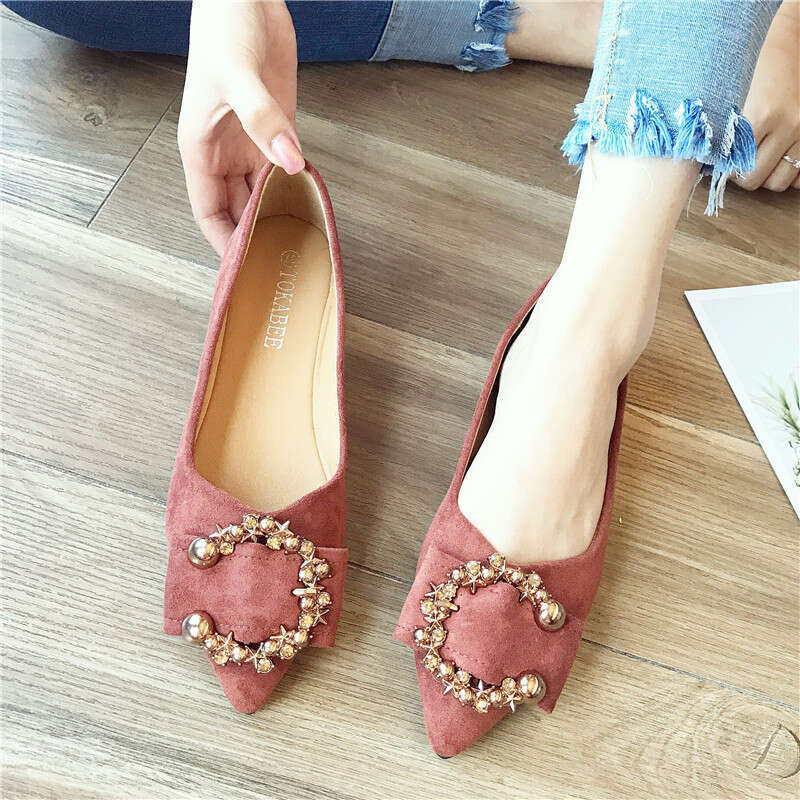 Korean Spring And Autumn Versatile Metal Buckle Pointed Shallow Mouth Suede Women's Comfortable Soft Bottom Fairy Style Flat Single Shoes For Wom