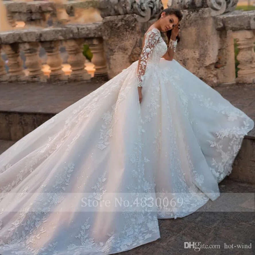Vintage Sheer Elegant Jewel Neck A E Long Sleeve Tulle Court Train Bridal Dress Lace Princess Wedding Gowns Vestidos