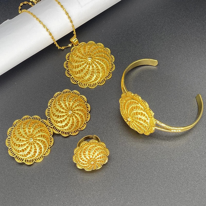 4 pieces/batch Ethiopian gold necklace Dubai jewelry set Habesha earrings ring pendant bracelet Arab African bride jewelry 241105