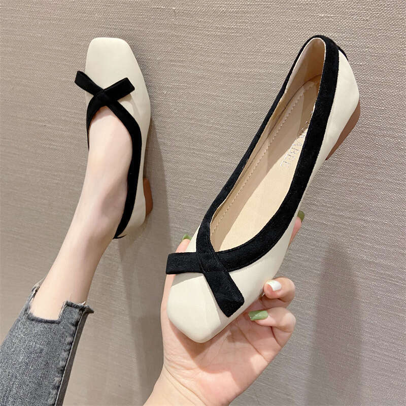 Korean Women's Shoes 2023 Summer New Fashion Square Toe Soft Sole 2Cm Low Heel Sweet Bow Single Shoe