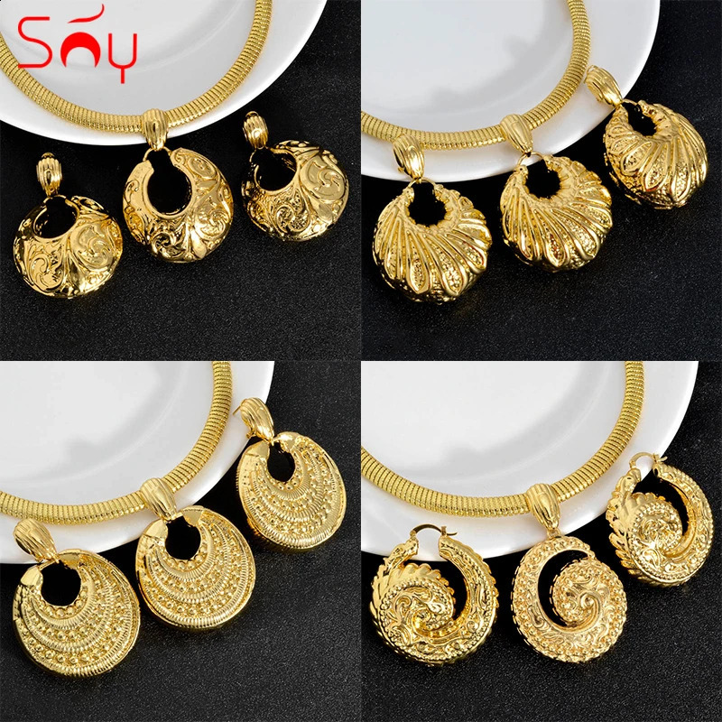 Sunny Jewelry Sets For Women Copper Pendent Necklace Earrings Dubai 18K Gold Plated Large Geometry Charm Gift for Wedding Party 241105