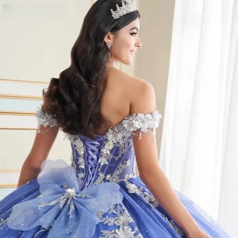 Royal Blue Sparkly Quinceanera Dresses Ball Gown Off The Shoulder 3D Flowers Applique Lace Beads Tull Corset Sweet 16 Dress Vestidos De 15 Anos