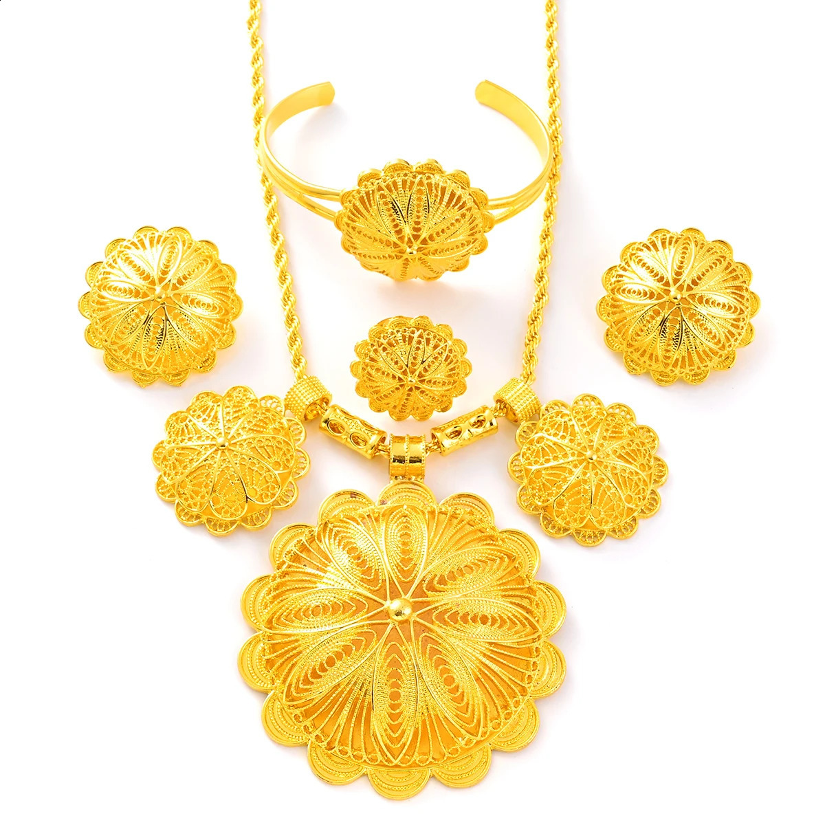 24K Gold Plated Fashion Ethiopian Earrings/Big Pendant/Ring/Bangle Jewelry Sets Gold Plate Africa Bride Wedding Eritrea Set Gift 241105