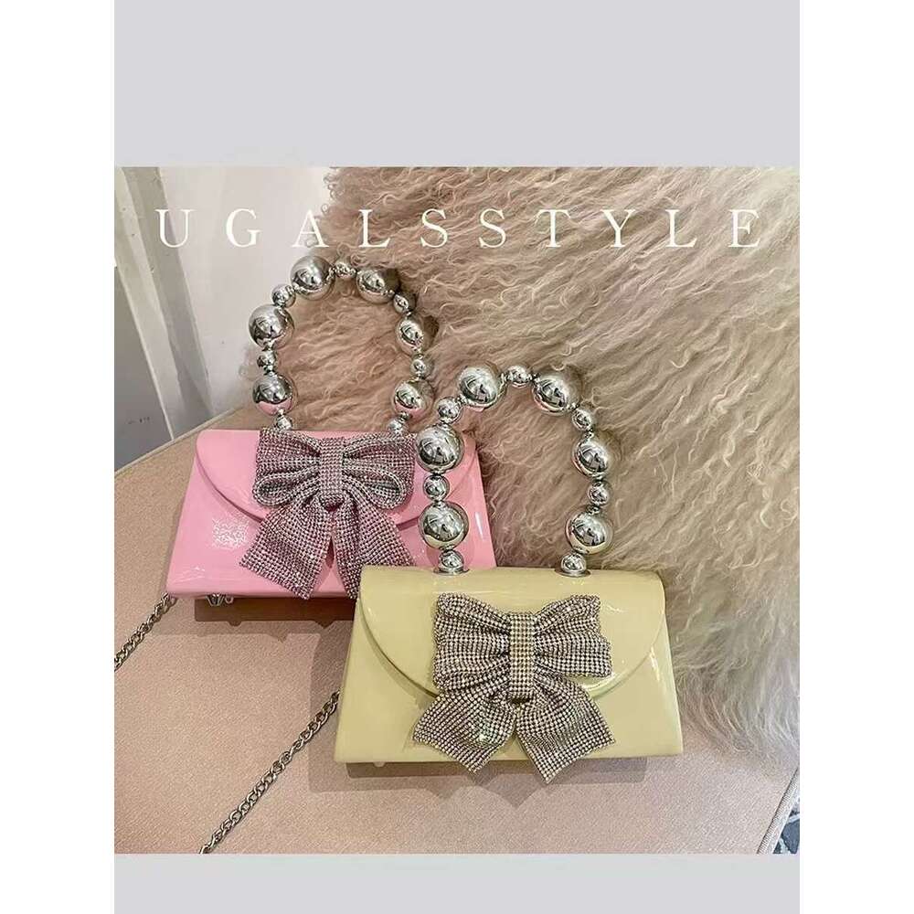 Fashion Beads Beaded Handle Women's Handbag Glitter Shiny Dia Bow Knot Evening Wedding Party Clutch Purse Shoulder Bag