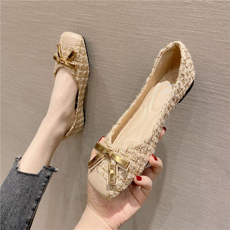 Single Shoe Metal Buckle Square Toe Ladies 2023 Spring New Style Shallow Mouth Temperament Daily Four Seasons Bottomed Flat Heel Women's Shoes