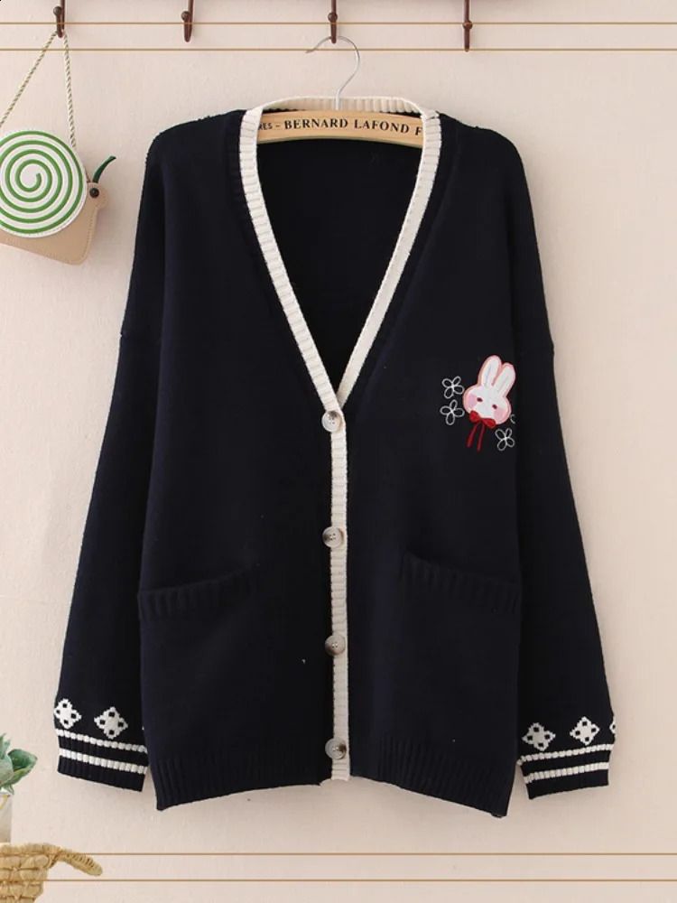 Autumn Korean Mori Girl Sweet Sweater Lolita Cute Bunny Embroidery Knitted Top Japanese Women Long Sleeve Cardigan Coat Knitwear 241105