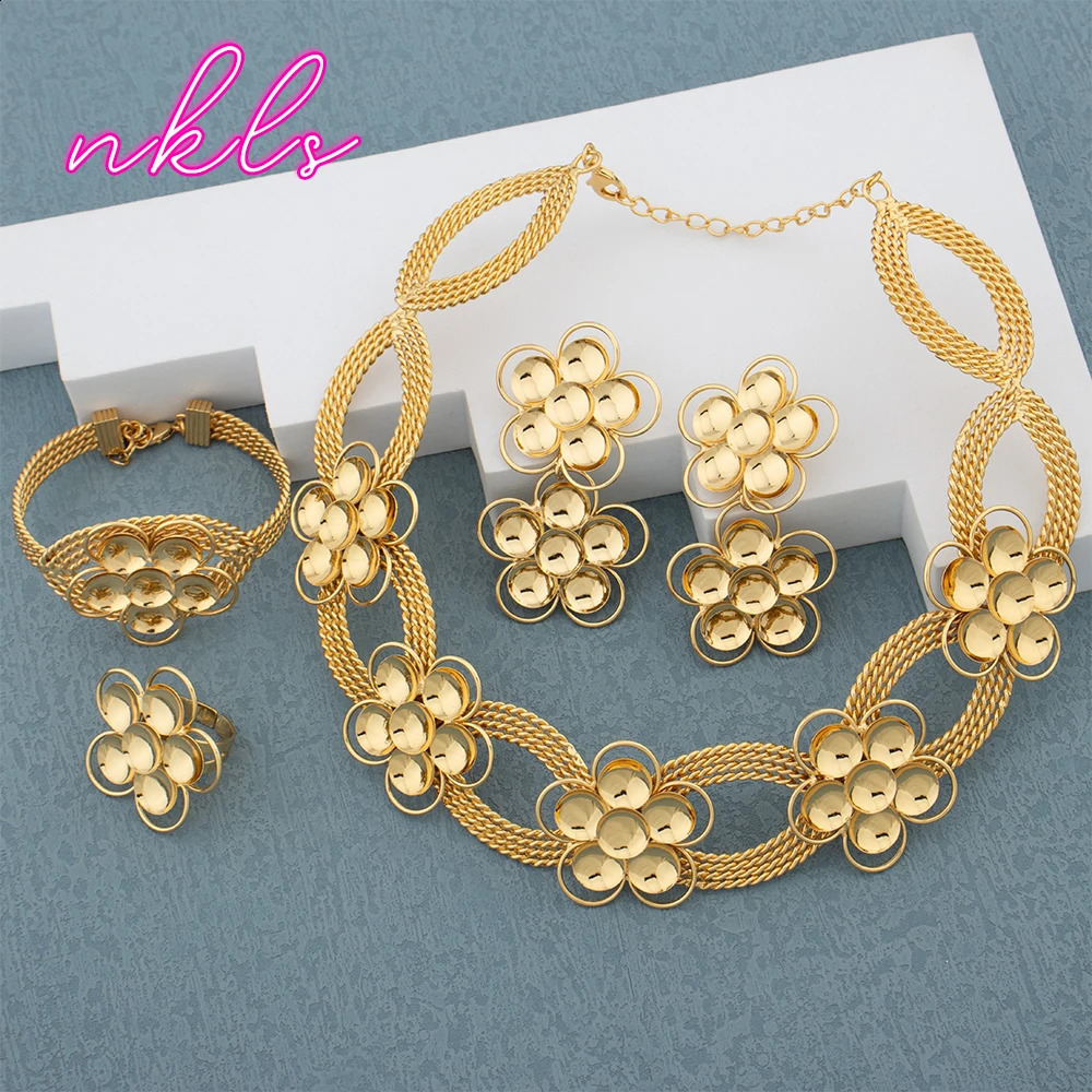 Brazilian Flower Necklace Jewelry Set Earrings Bangle Ring Set Dubai Gold Color Jewellery Set Wedding Accessories Gifts 241105