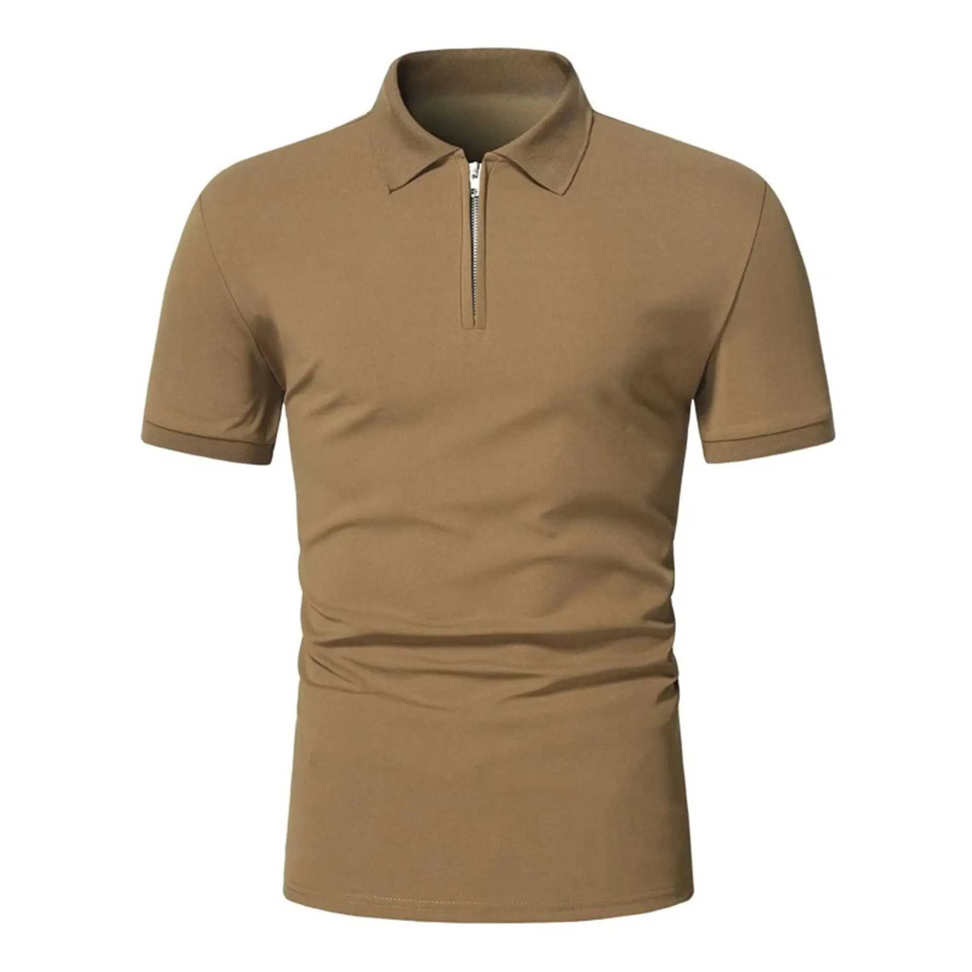 Mens solid color short sleeved zipper lapel T-shirt casual top W241104