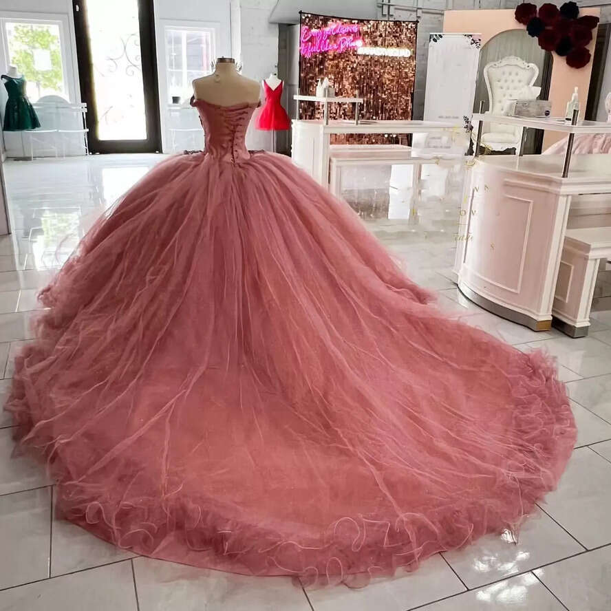 Pink Quinceanera Blush Dresses Off The Shoulder Tulle Corset Back Beaded Straps Pleats Ruffles Custom Made Sweet Princess Birthday Party Ball Gown