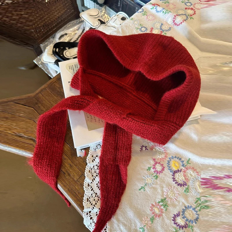 Korean Knitted Beanies Cap Autumn Winter Warm Lady Cute Pleasant Balaclava Bonnet Fashionable Versatile Strap Hooded Hat 241105