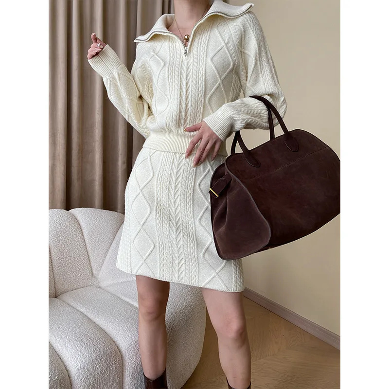 Women's Suit Fashion Commuter Solid Color High Quality Lapel Twist Knitted Pullover Sweater Mini Skirt 2Pcs Matching Set