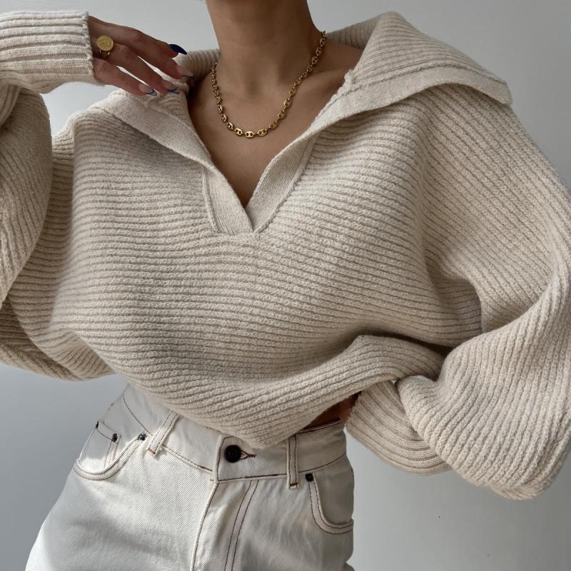2024 Fall Women's Loose Knit Sweater Female Solid Color Casual Wear Lady Winter Monochromatic Large Size Lapel Knitted Clothing