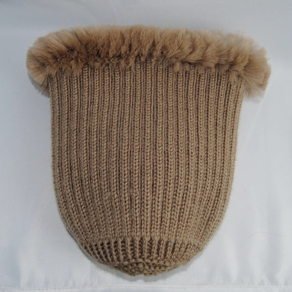 Women Winter y Warm Top Fox Fur Hats Muffler Real Rex Rabbit Hat Scarf 2 Pieces Knitted Cap Scarves 241105