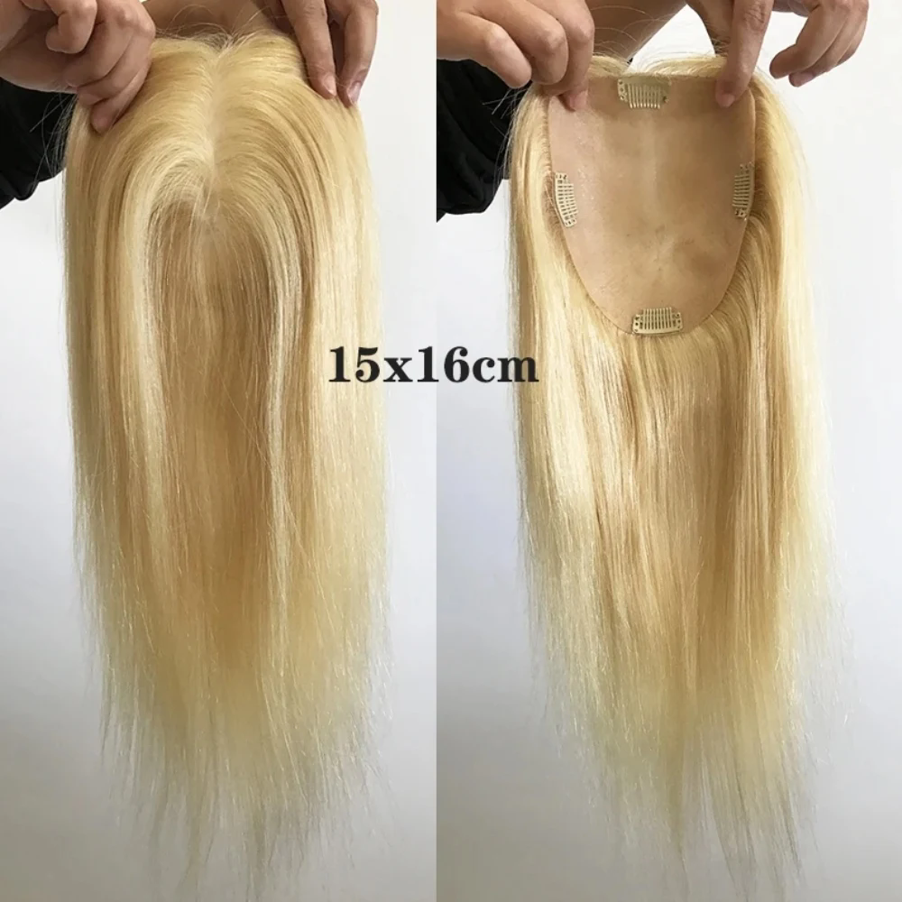 Light Blonde Human Hair Topper Silk Base raw Virgin European Hair Piece with Clips in Silk Top Toupee for Women 12x13cm 15x16cm Diva24
