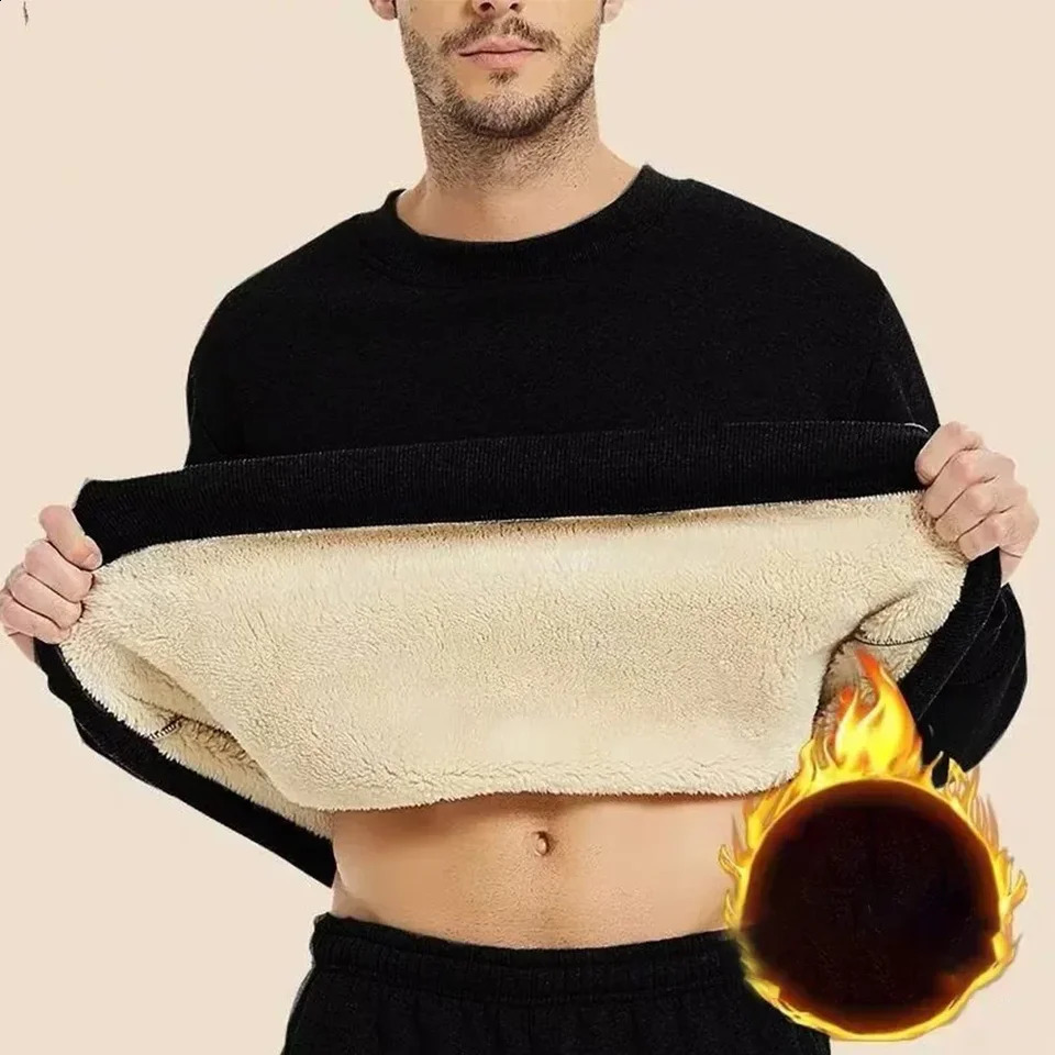 Winter Man Warm Fleece Lined T Shirt Thick O Neck Solid Color Basic Pullover Sweatshirt Thermal Underwear Tops Clothing For Men 241105