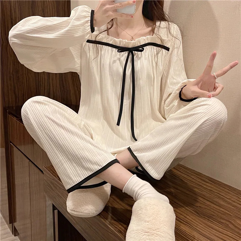 Womens Spring and Autumn Pajamas Set Womens Long-Sleeved Long Trousers Pajamas Homewear Sweet Leisure Homewear Loose Set 241105