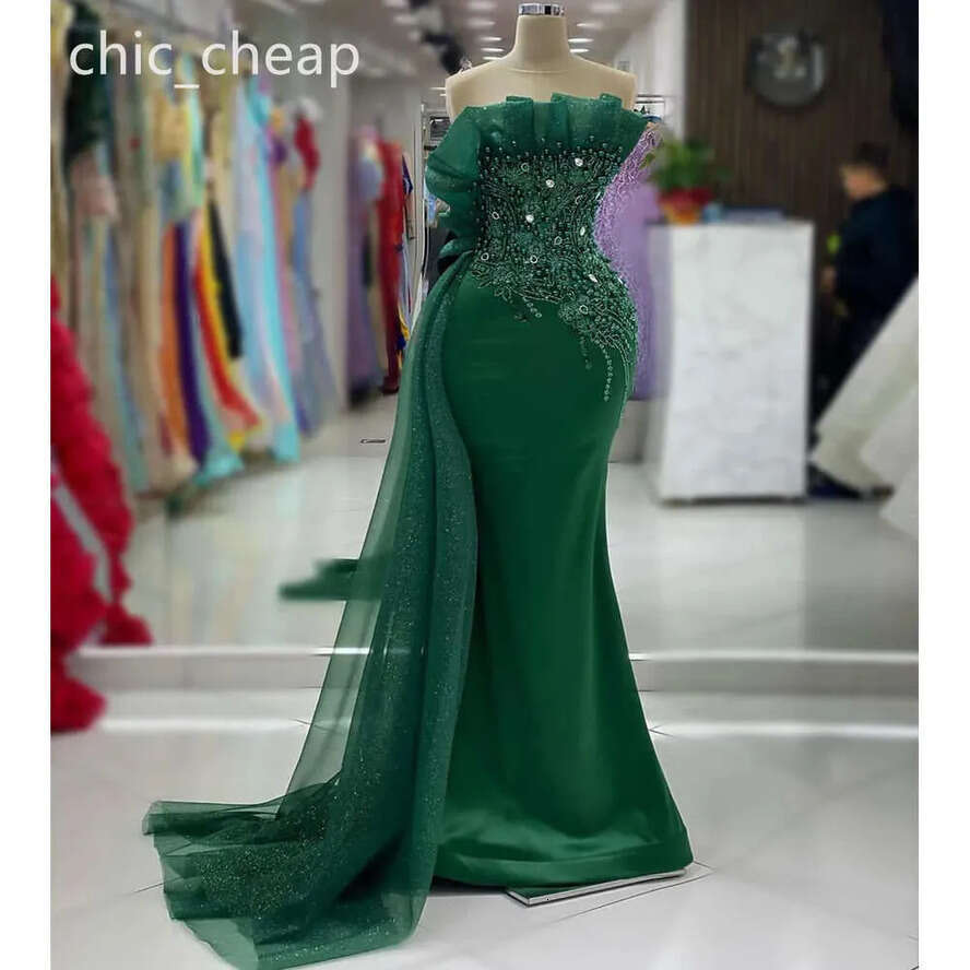 Aso Green Ebi Dark Mermaid Prom Dress Lace Pearls Crystals Evening Formal Party Second Reception Birthday Engagement Gowns Dresses Robe De Soiree Zj E