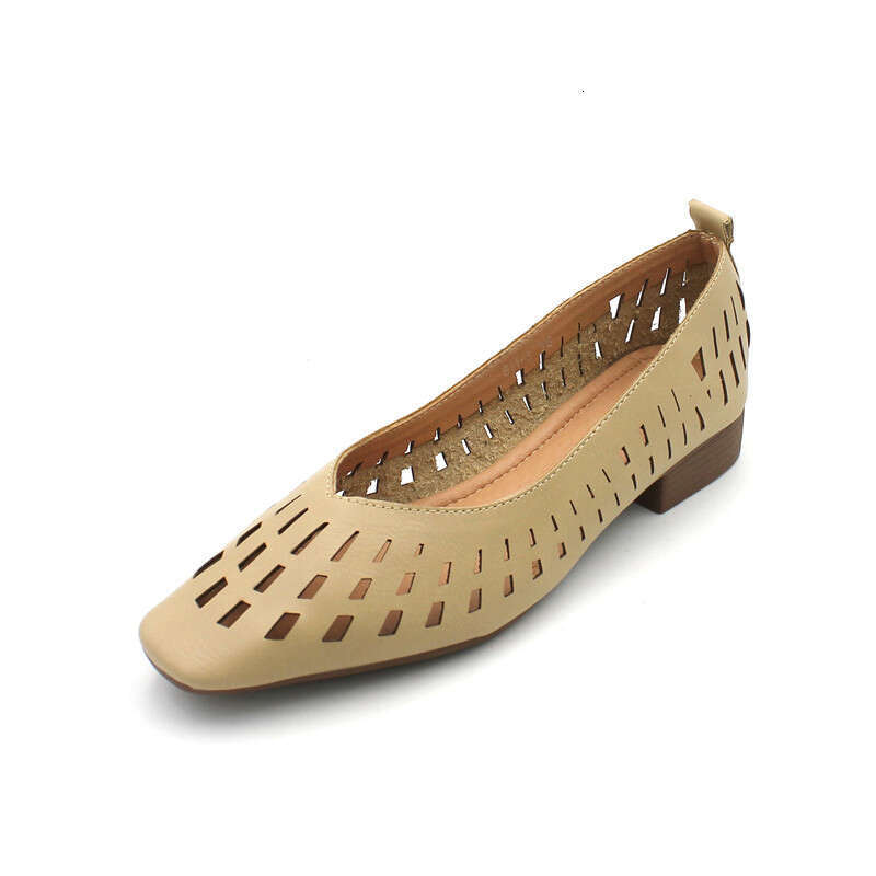 Korean Version Versatile Hollow Breathable Soft Sole Grandma Flat Bottom Low Order Scoop Women's Bean Shoes