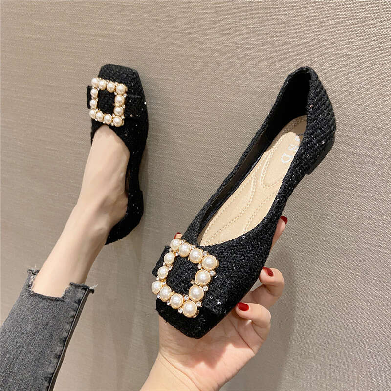 2023 Spring New Cloth Face Daily Versatile Square Head Shallow Mouth Large Flat Follow Women's Scoop Shoes
