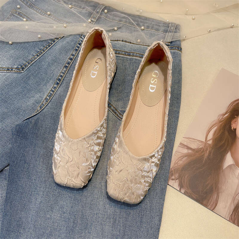 French Satin Single Shoe Women's Korean Version Spring New Versatile Low Heel Scoop Square Toe Shallow Mouth Cloth Soft Sole Grandma Shoes
