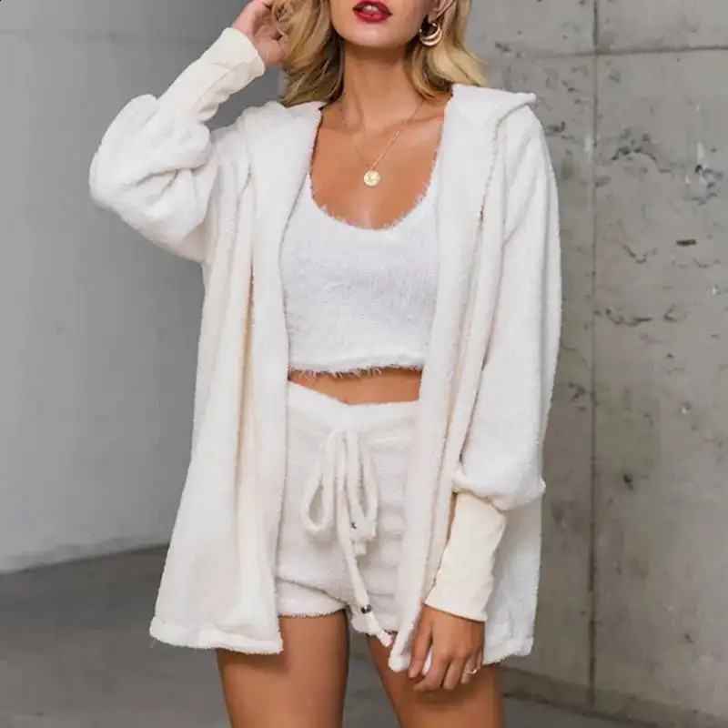 Cozy Knit 3 Pieces Set Fluffy Pajamas Women Casual Sleepwear Tank Top and Shorts Plus Size Hoodie Leisure Homsuit Winter Pijamas 241105