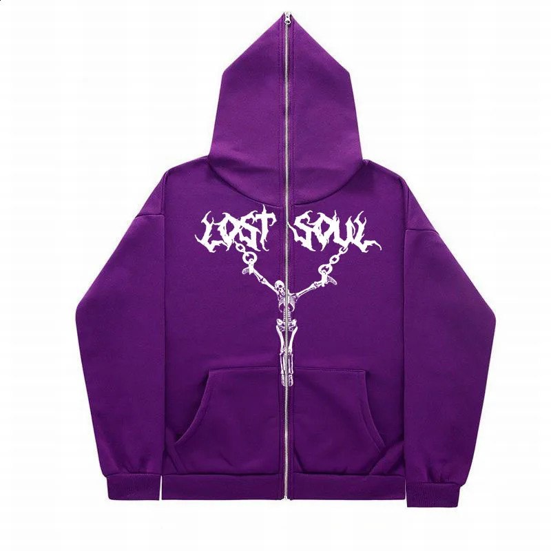 2024 Cross border Full Face Zipper Sweater American Retro Y2K Top Skull Iron Rope Printed Hoodie Coat 241105