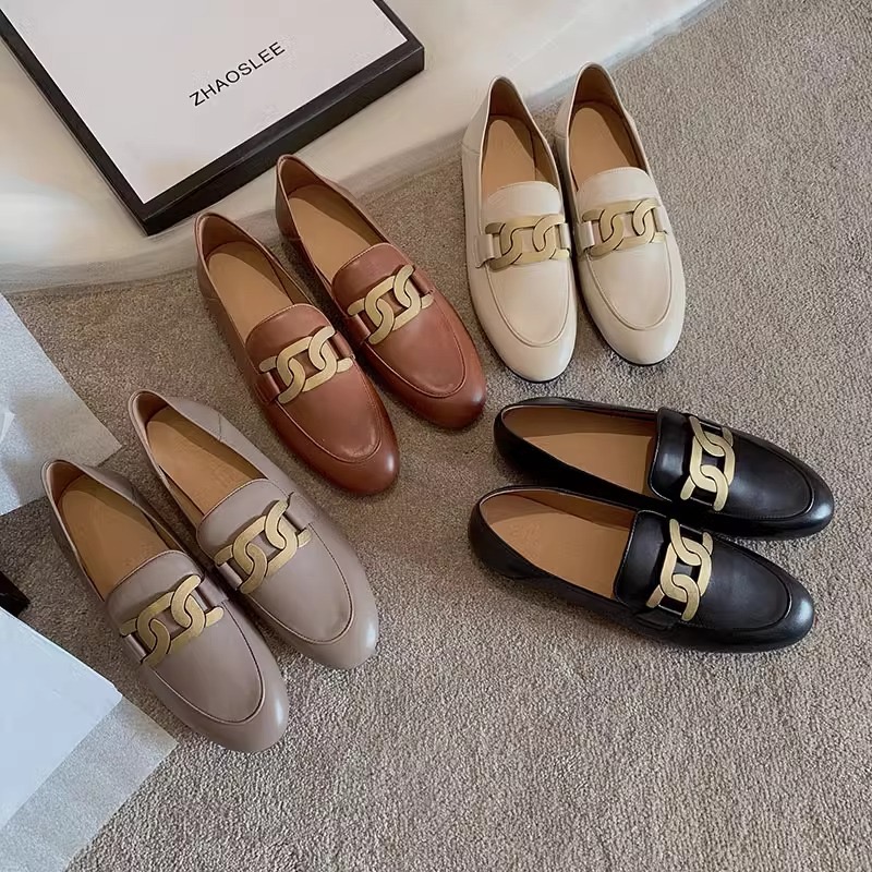 ffefa Metal Spring New Chain Woman All Match Flats Brand Designer Small Leather Shoes Preppy Girls Moccasins Ladies Loafers