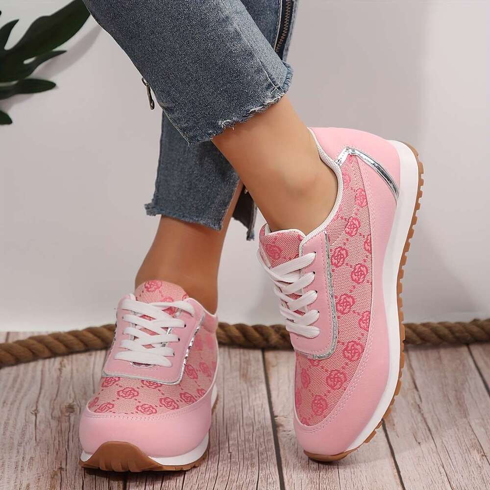 Rose Pattern Low Top Sneakers Breathable, Lace Up, Round Toe, Rubber Sole, Mesh Inner, Fabric Insole - All-Season, Casual, Outdoor Walking Shoes for W