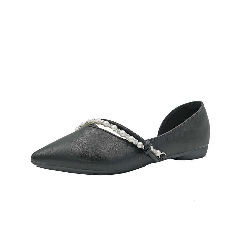 French Pearl Decoration Single Shoe For Women's Spring And Summer New Style, One Foot Shallow Mouth Pointed Soft Leather Side Empty Flat Bottom E