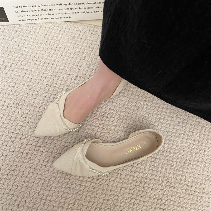 Pearl Decorated Pointed Single For Women, Korean Version, Spring And Summer New Fairy Style, Shallow Mouth Scoop Shoes, Fabric Side Empty Flat Shoes