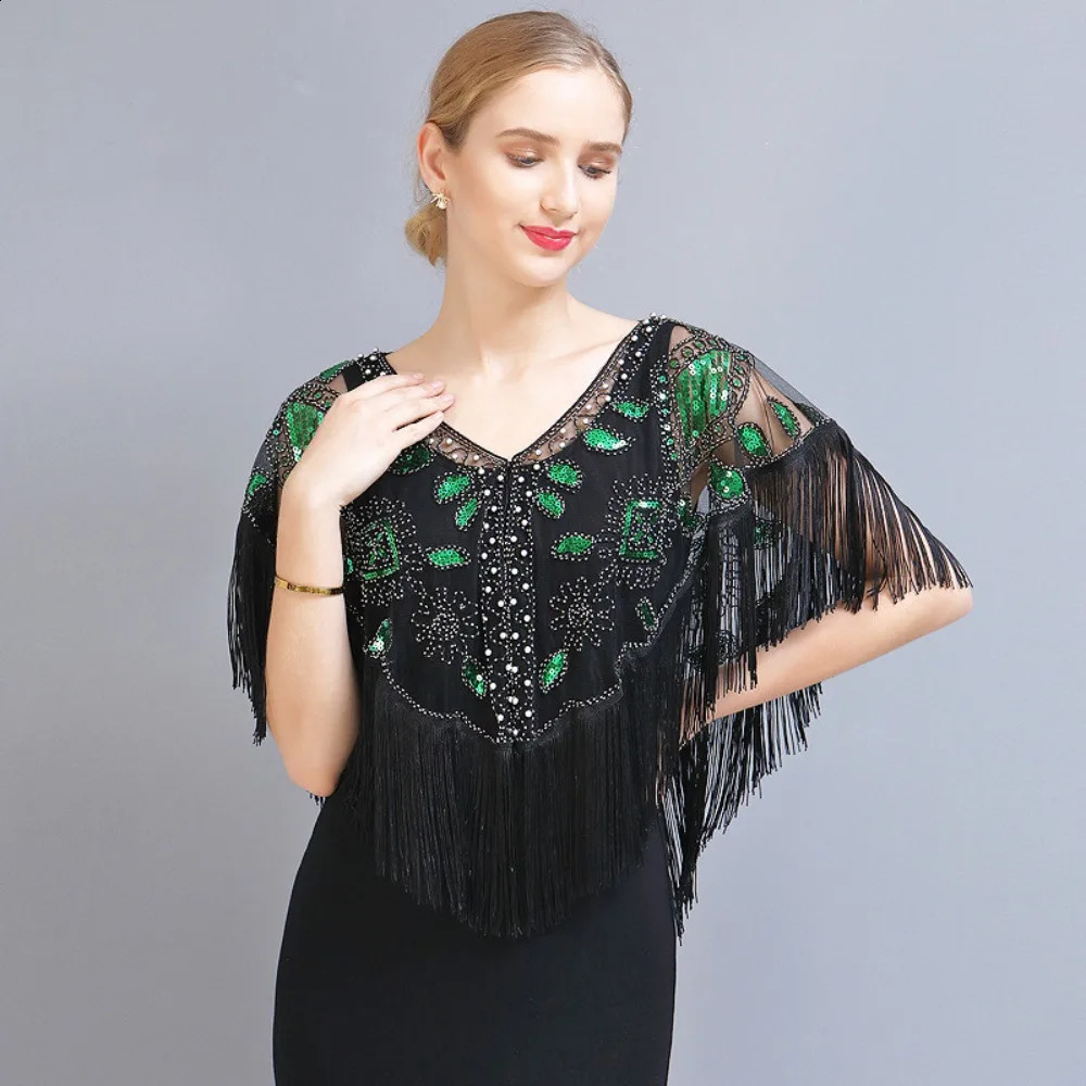 Summer Sequins Tassels Poncho Women Coat Party Outfits Cape Mesh Jacket Ladies Cloak Shawls Casaco Outerwear Wraps Woman Clothes 241105