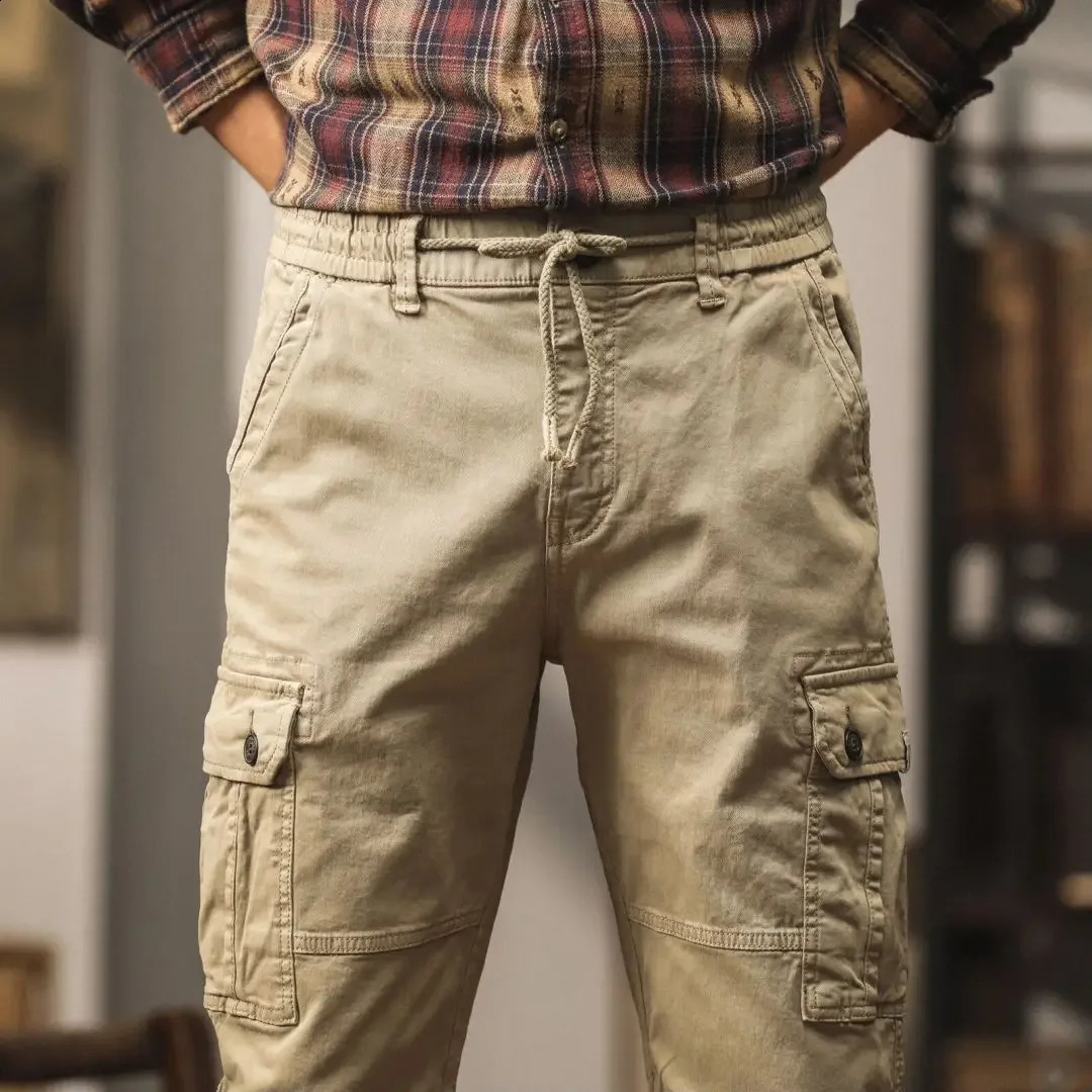 in Men Cargo Pants Straight Leg Cotton Casual Trouser Male Elastic Waist Stretch Side Pocket Safari Style Autumn Black 241105