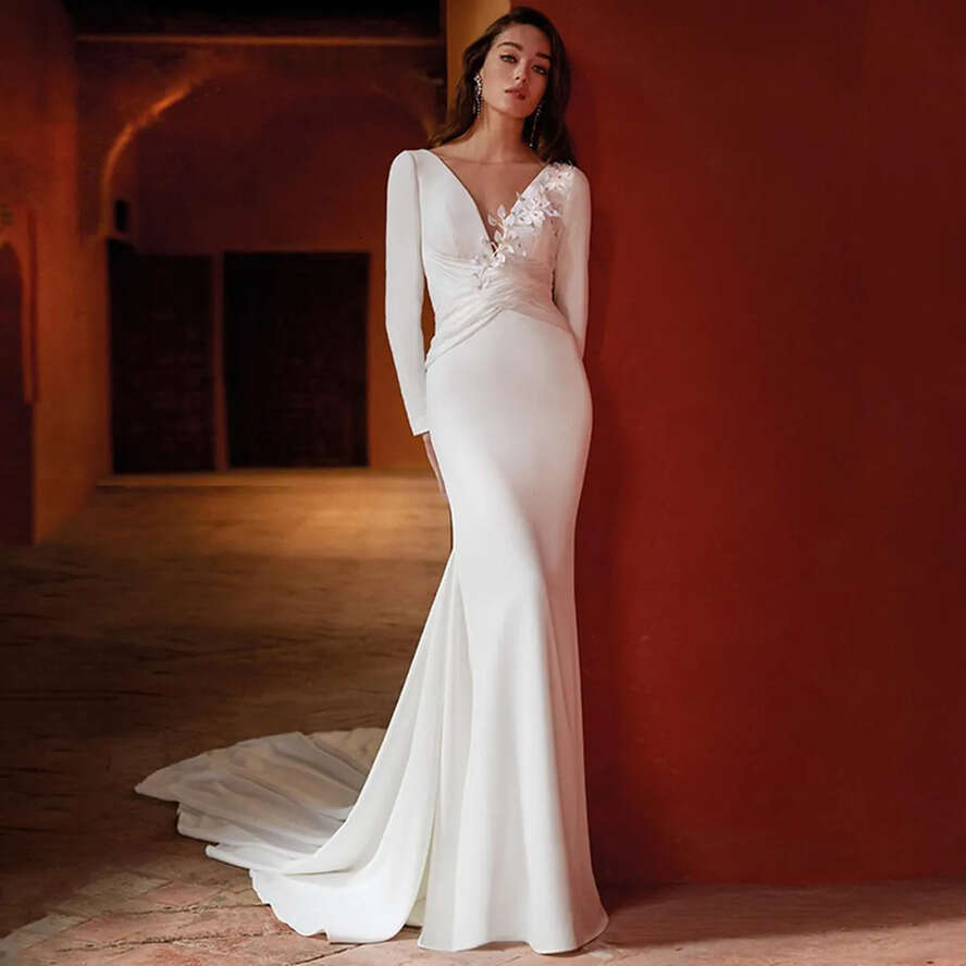 Mermaid Wedding Simple Dresses Deep V Neck Long Sleeve Satin Bridal Gowns Illusion Back Or Length Ral Applique Bride Dress Ves De Novia Custom Made