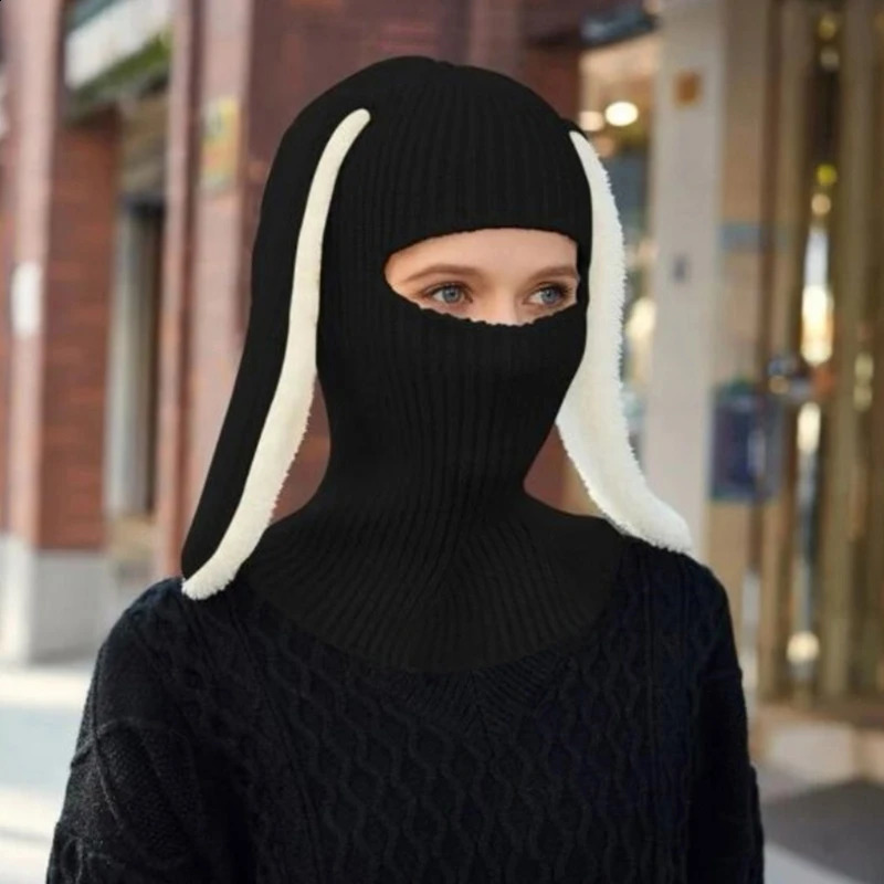 Halloween Knitted Balaclava Long Bunny Ears Hat For Women Winter Warm Rabbit Hats Crochet Ski Mask Drop 241105