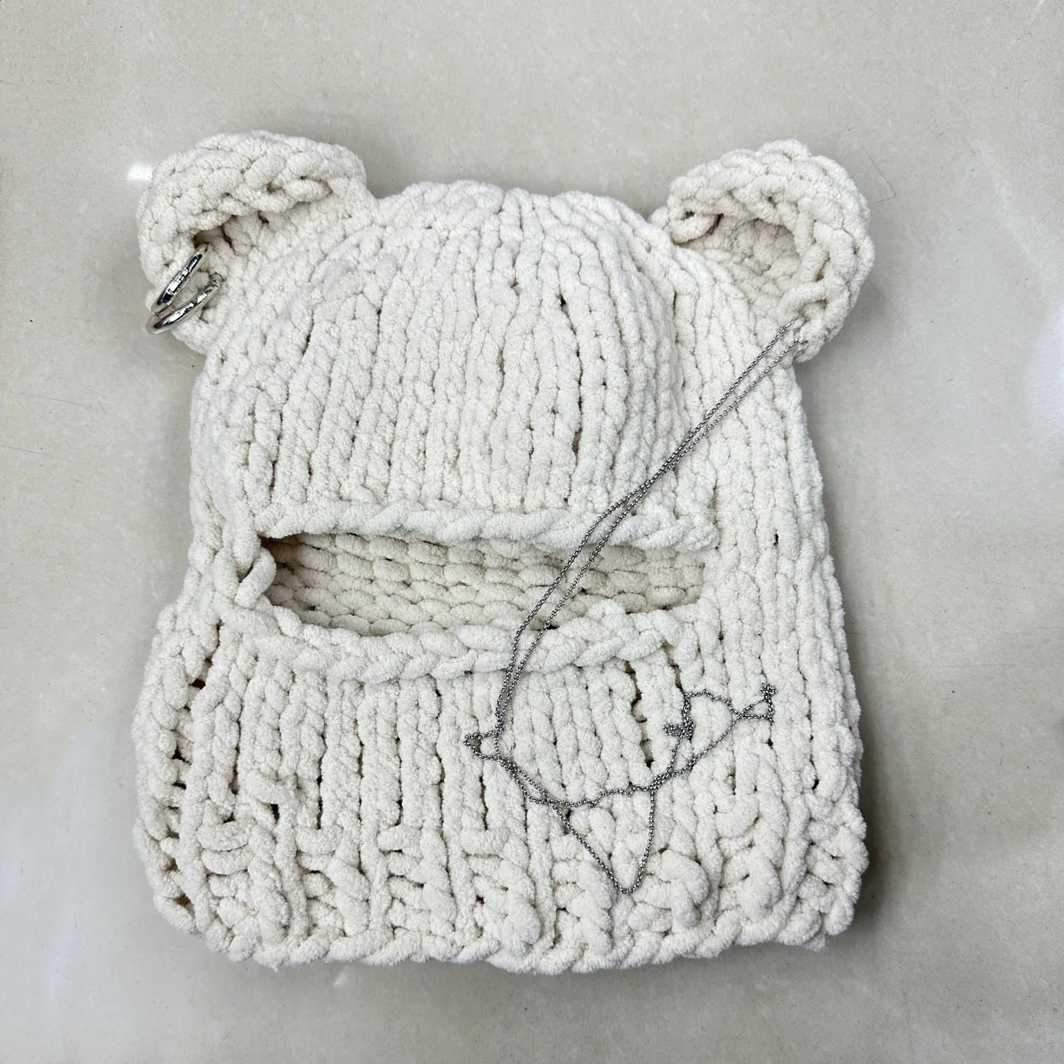 Bear Ears Crochet Balaclava Women Handmade Chain Circle Knitted Hat Party Chenille Mask Warm Beanies Ear Protection Skullies Cap 241105