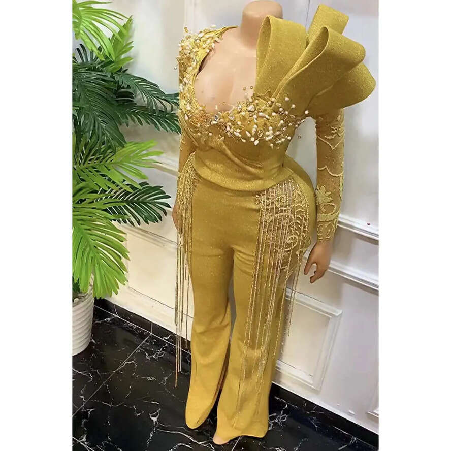 Jumpsuits Aso Sheath August Gold Prom Dress Beaded Crystals Evening Formal Party Second Reception Birthday Engagement Gowns Dresses Robe De Soiree Zj 